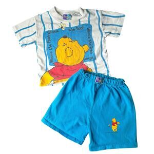Vintage Kids Winnie the Pooh Shorts Set Unisex 12m-18m Blue Stripes